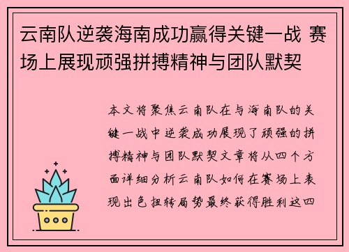 云南队逆袭海南成功赢得关键一战 赛场上展现顽强拼搏精神与团队默契