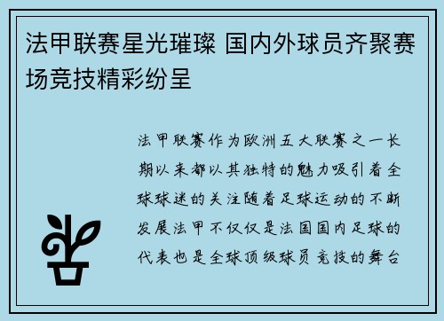 法甲联赛星光璀璨 国内外球员齐聚赛场竞技精彩纷呈