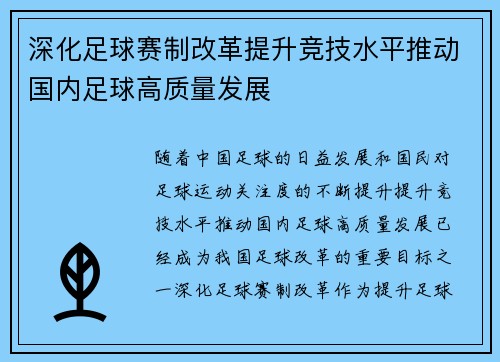 深化足球赛制改革提升竞技水平推动国内足球高质量发展