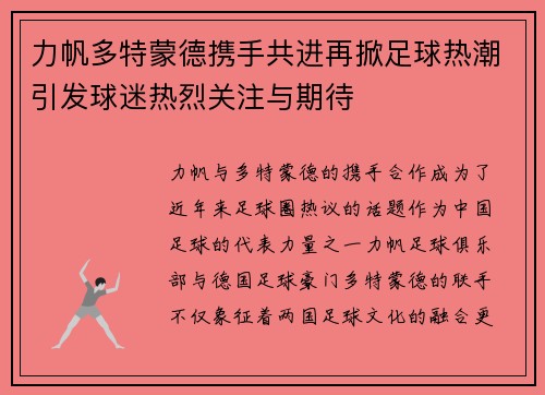 力帆多特蒙德携手共进再掀足球热潮引发球迷热烈关注与期待