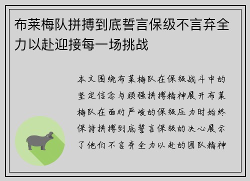 布莱梅队拼搏到底誓言保级不言弃全力以赴迎接每一场挑战