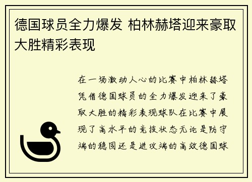 德国球员全力爆发 柏林赫塔迎来豪取大胜精彩表现