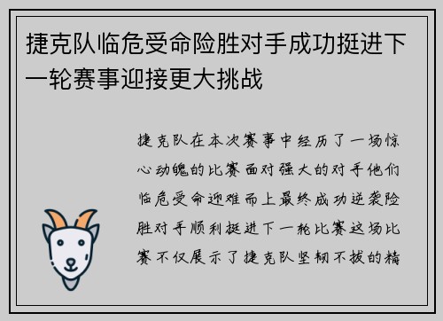 捷克队临危受命险胜对手成功挺进下一轮赛事迎接更大挑战