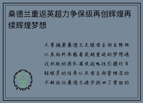 桑德兰重返英超力争保级再创辉煌再续辉煌梦想